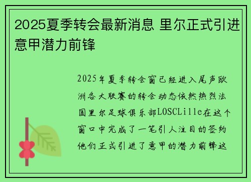2025夏季转会最新消息 里尔正式引进意甲潜力前锋