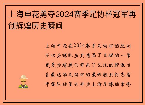 上海申花勇夺2024赛季足协杯冠军再创辉煌历史瞬间