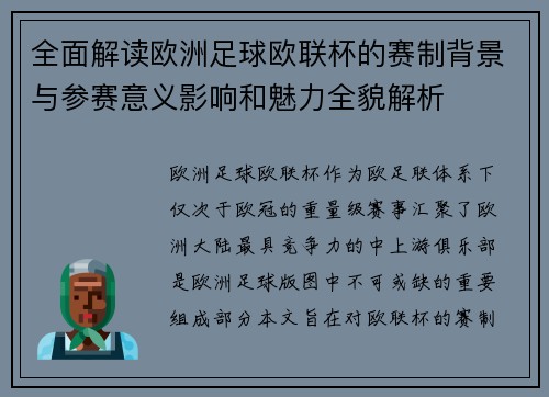 全面解读欧洲足球欧联杯的赛制背景与参赛意义影响和魅力全貌解析